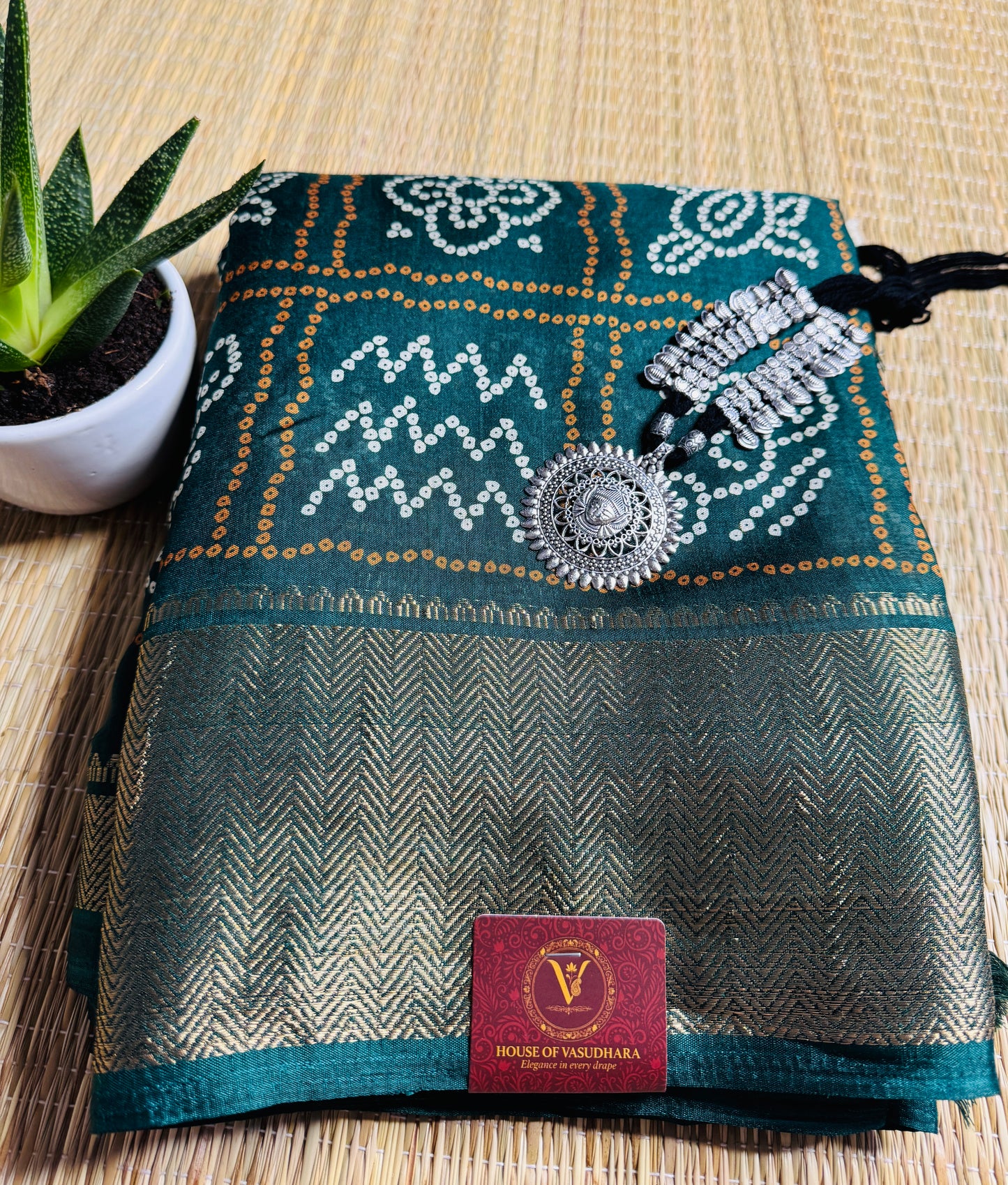 Bottle Green Dola Bandhani Silk Saree with Zari Border