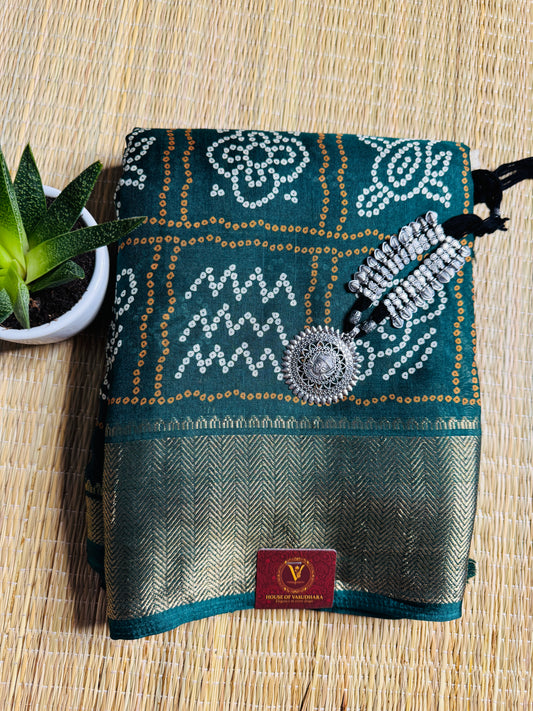 Bottle Green Dola Bandhani Silk Saree with Zari Border