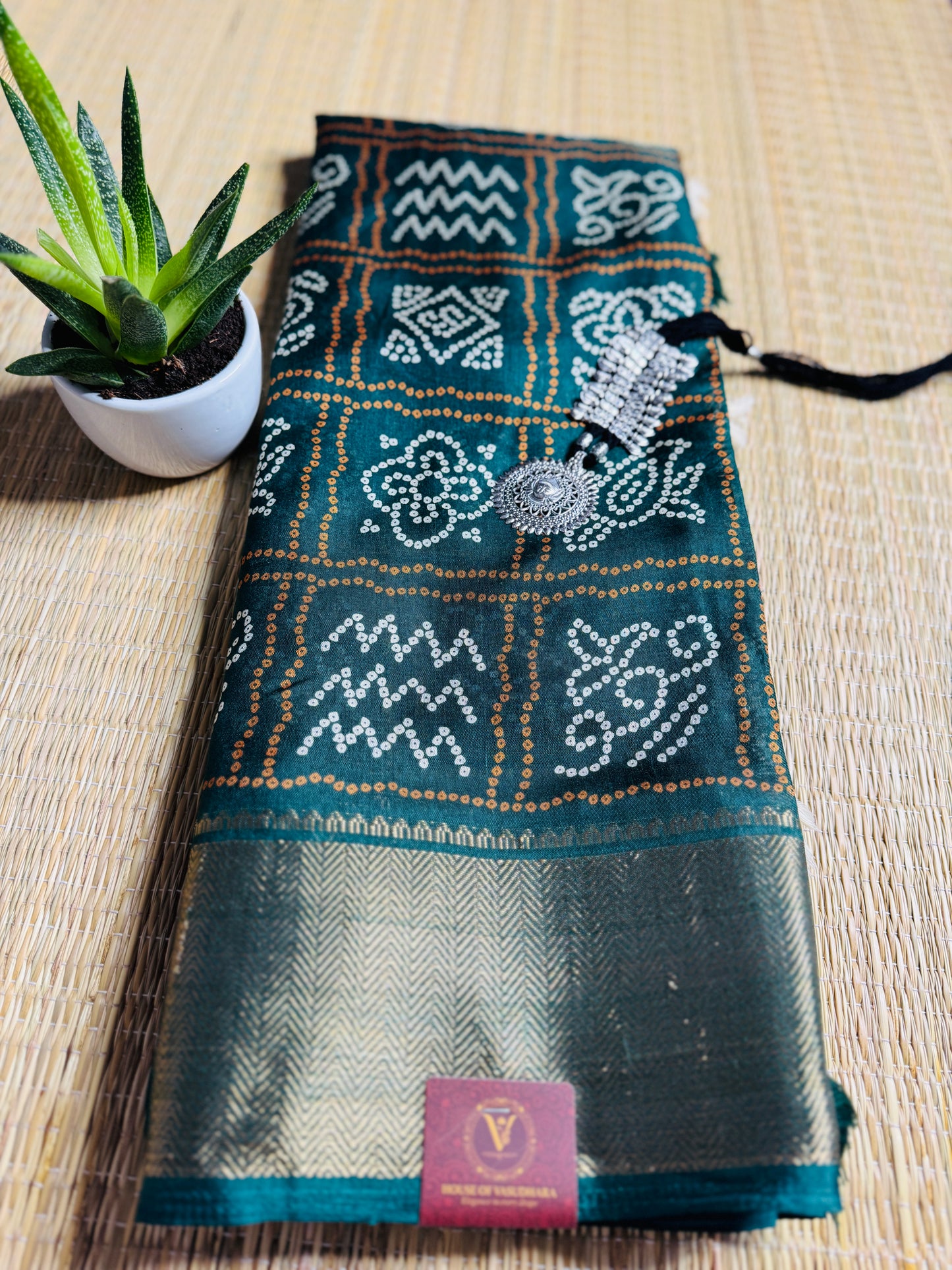 Bottle Green Dola Bandhani Silk Saree with Zari Border