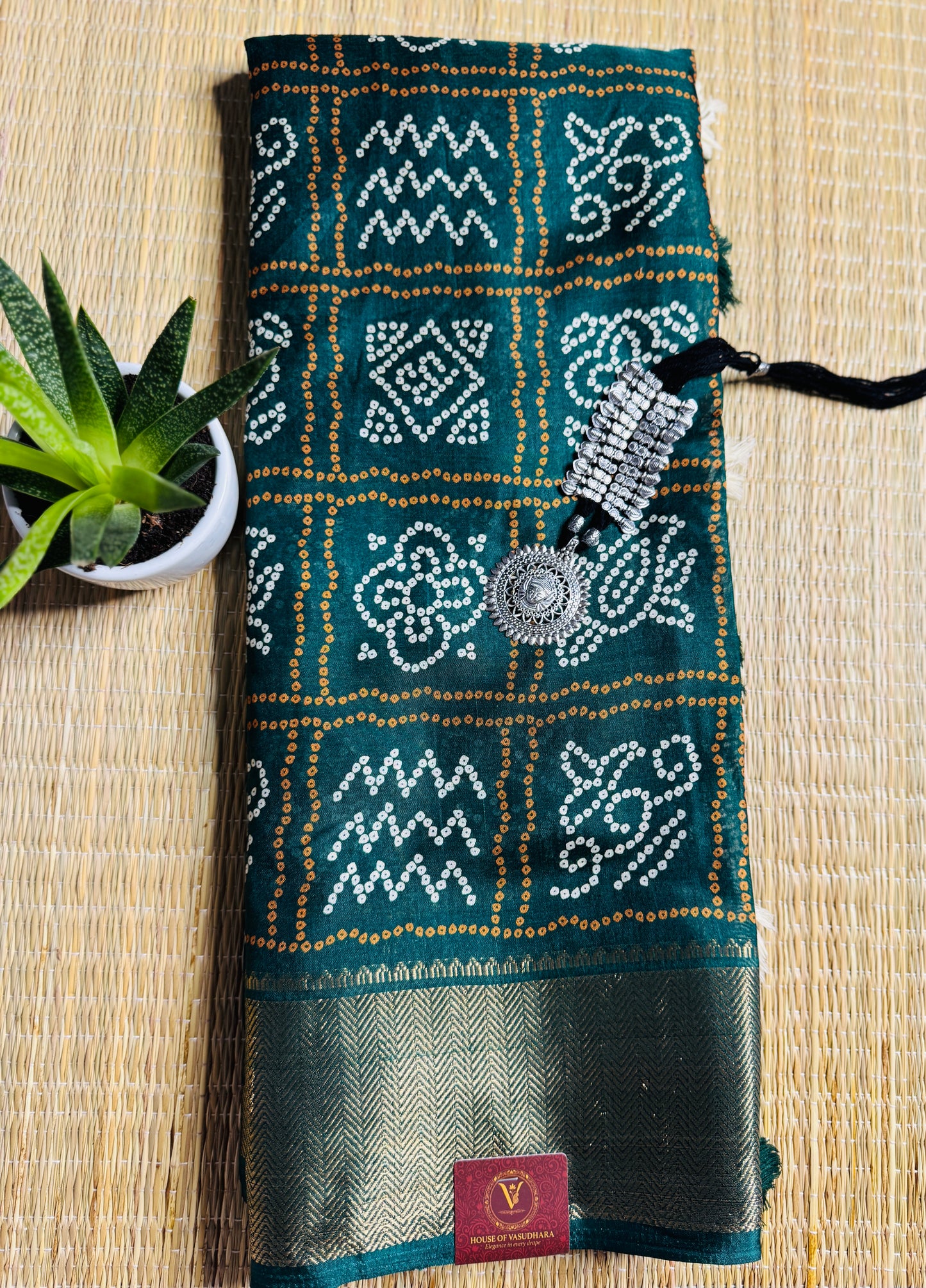 Bottle Green Dola Bandhani Silk Saree with Zari Border