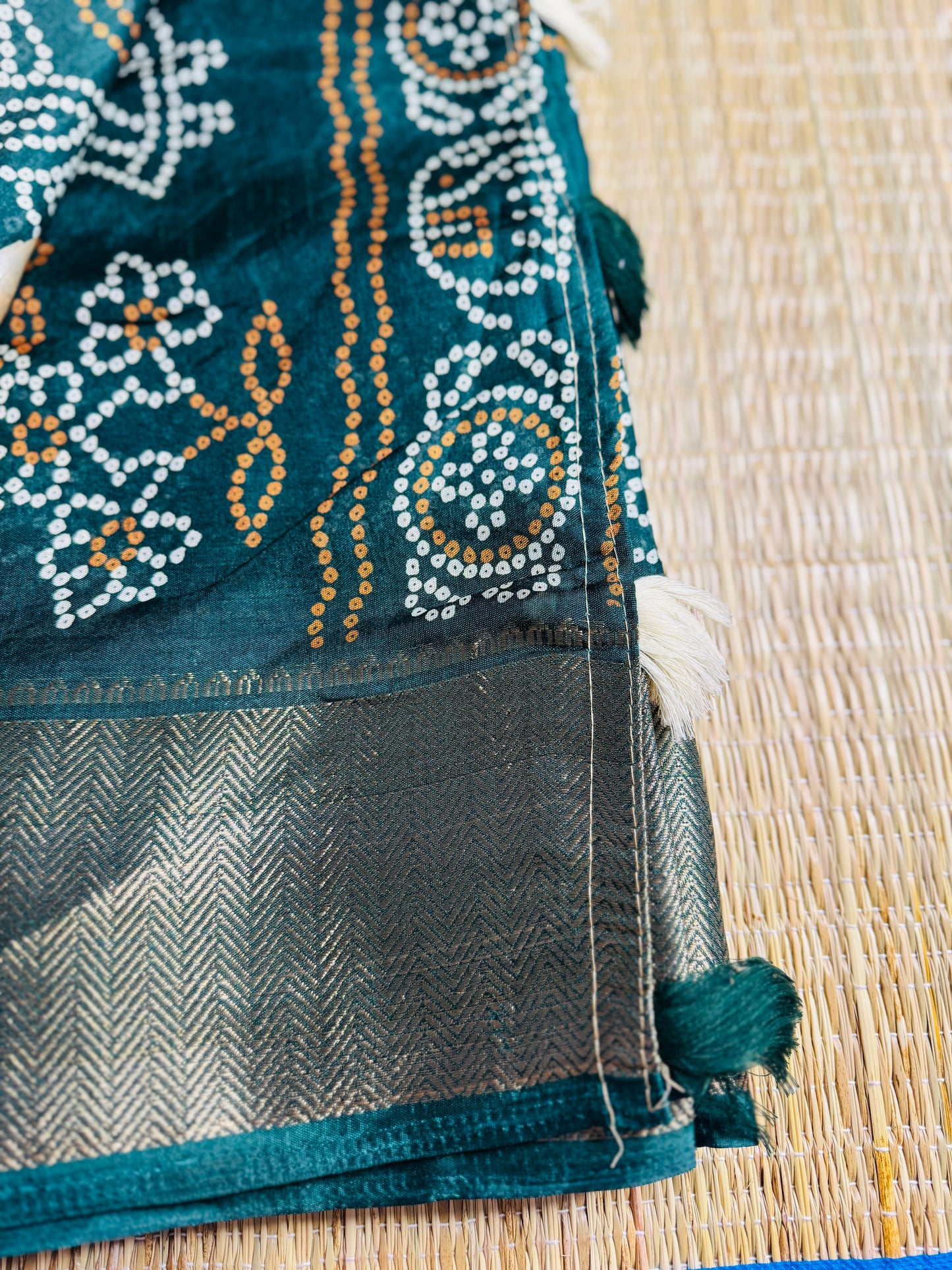 Bottle Green Dola Bandhani Silk Saree with Zari Border