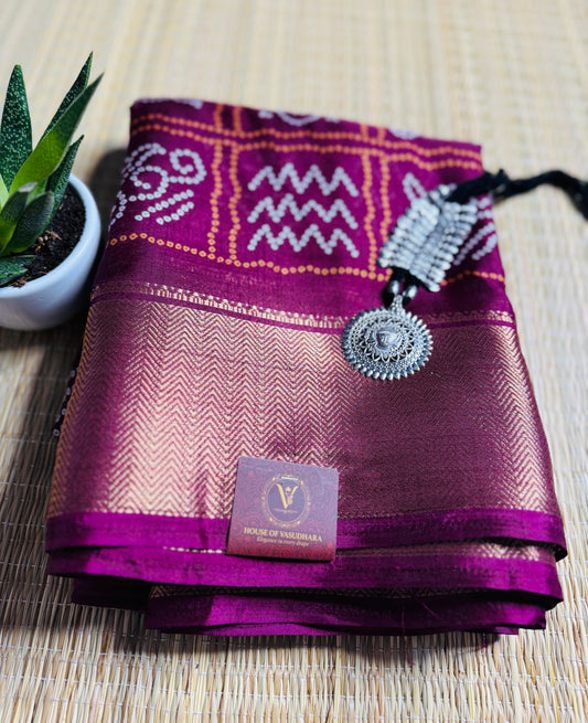 Deep Magenta Dola Bandhani Silk Saree with Zari Border