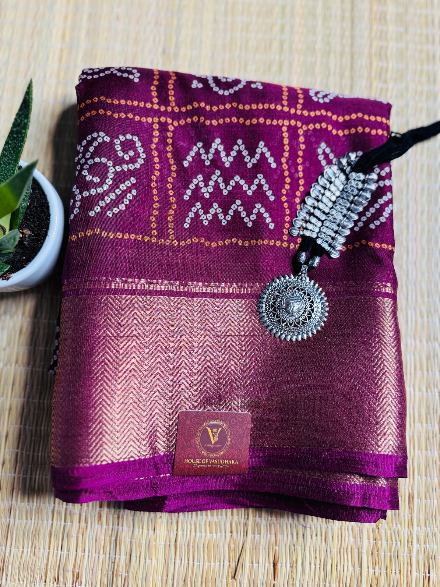 Deep Magenta Dola Bandhani Silk Saree with Zari Border