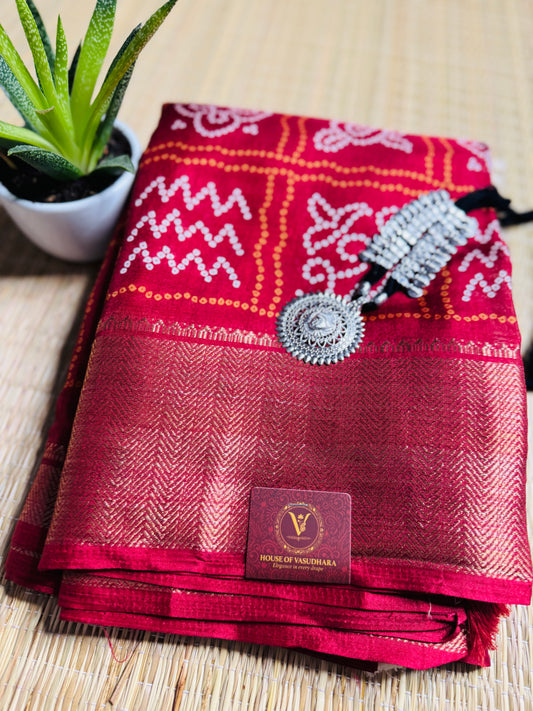 Maroon Dola Bandhani Silk Saree with Zari Border
