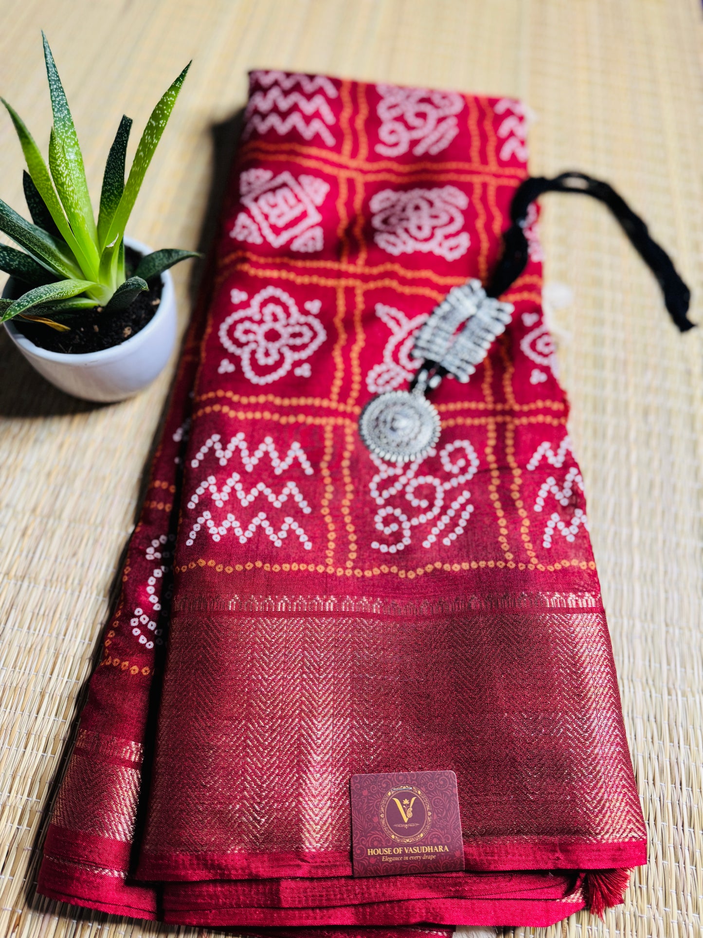Maroon Dola Bandhani Silk Saree with Zari Border