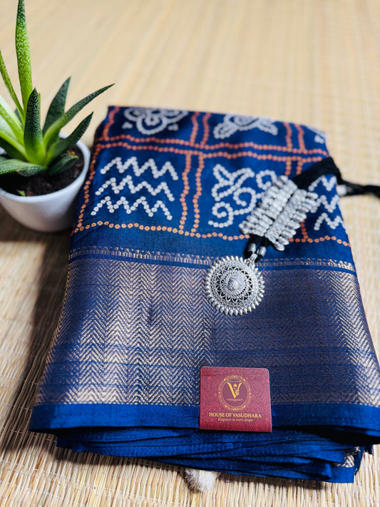 Navy Blue Dola Bandhani Silk Saree with Zari Border