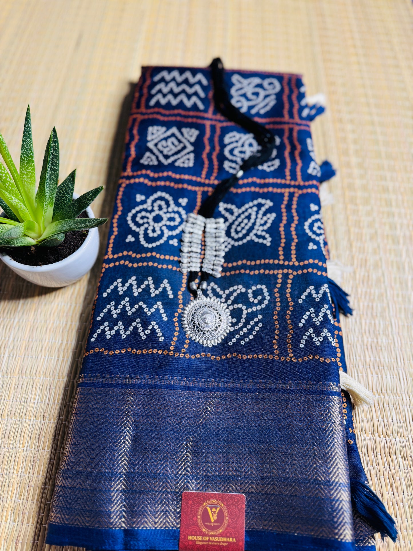 Navy Blue Dola Bandhani Silk Saree with Zari Border