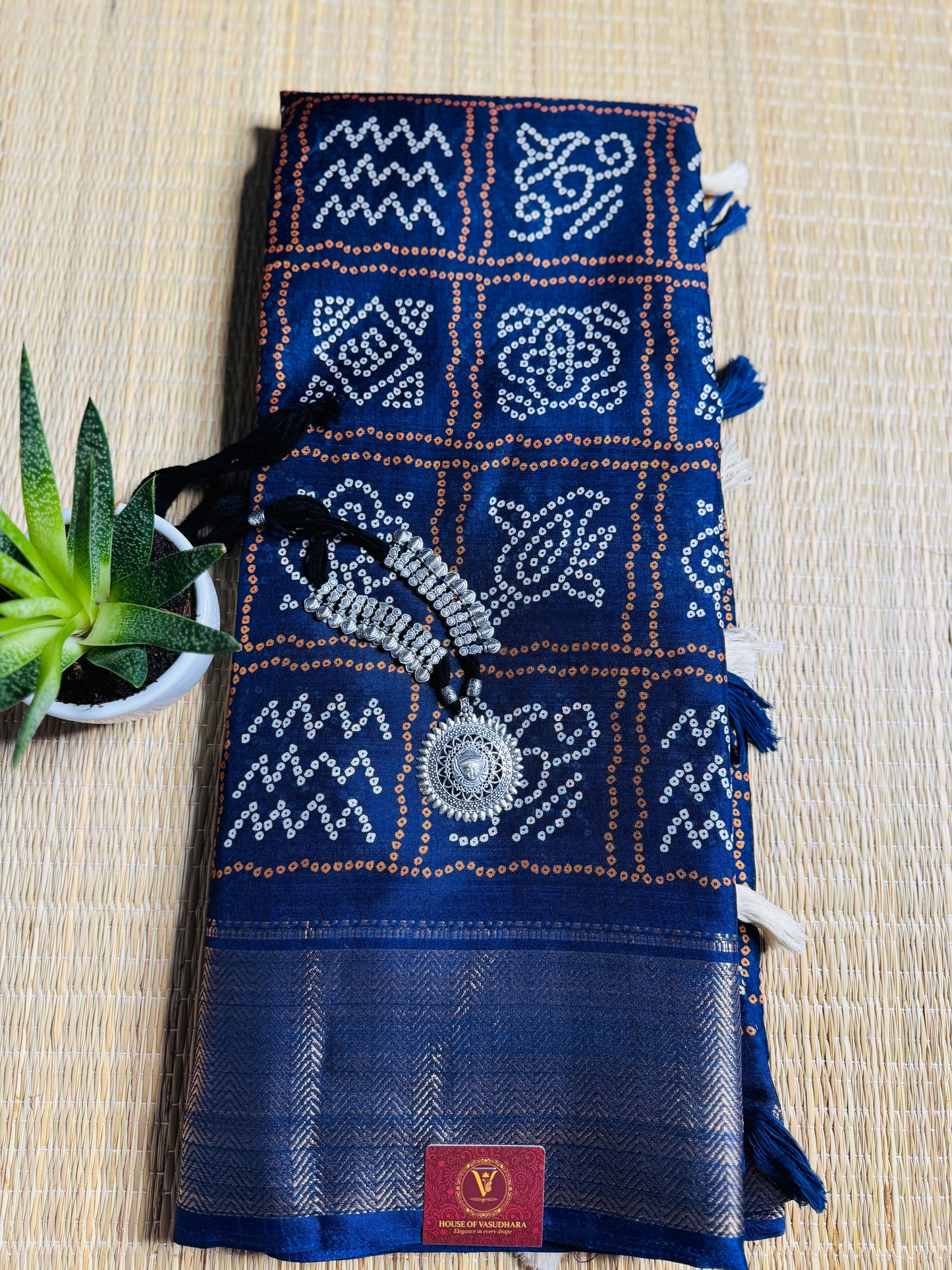 Navy Blue Dola Bandhani Silk Saree with Zari Border