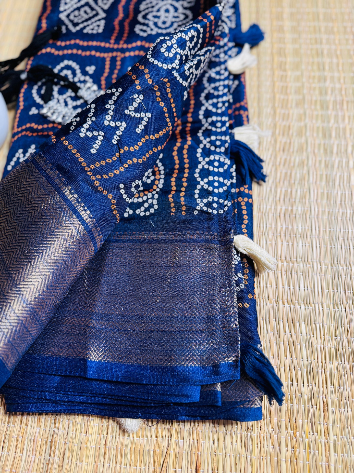 Navy Blue Dola Bandhani Silk Saree with Zari Border