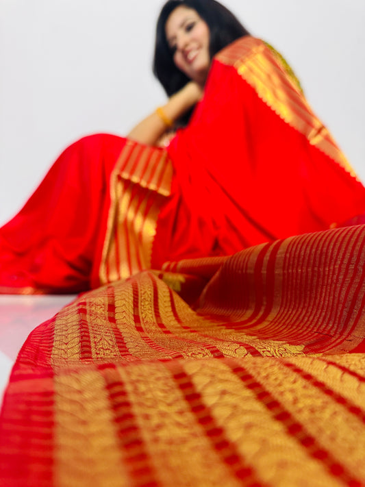 Classic Red Semi Crepe Silk Saree with Rich Zari Border