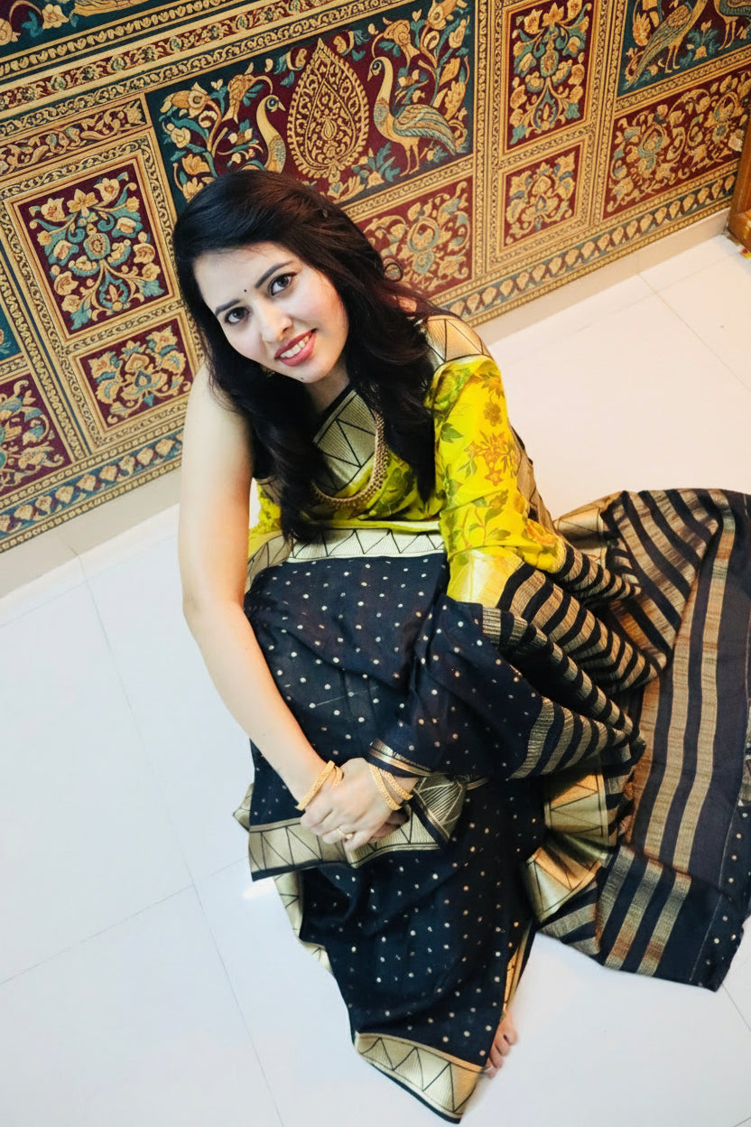 Yellow & Black Half & Half Kalamkari Mysore silk crepe