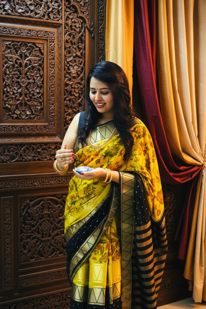 Yellow & Black Half & Half Kalamkari Mysore silk crepe