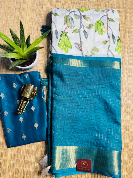 White and Blue 2D Semi crepe silk in half and half pattern