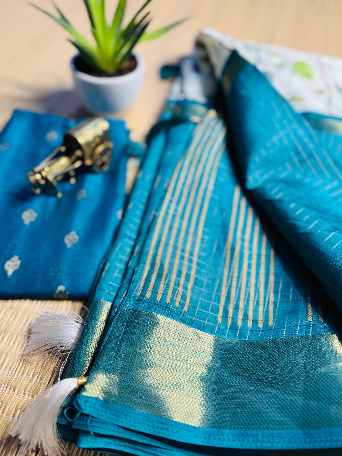 White and Blue 2D Semi crepe silk in half and half pattern