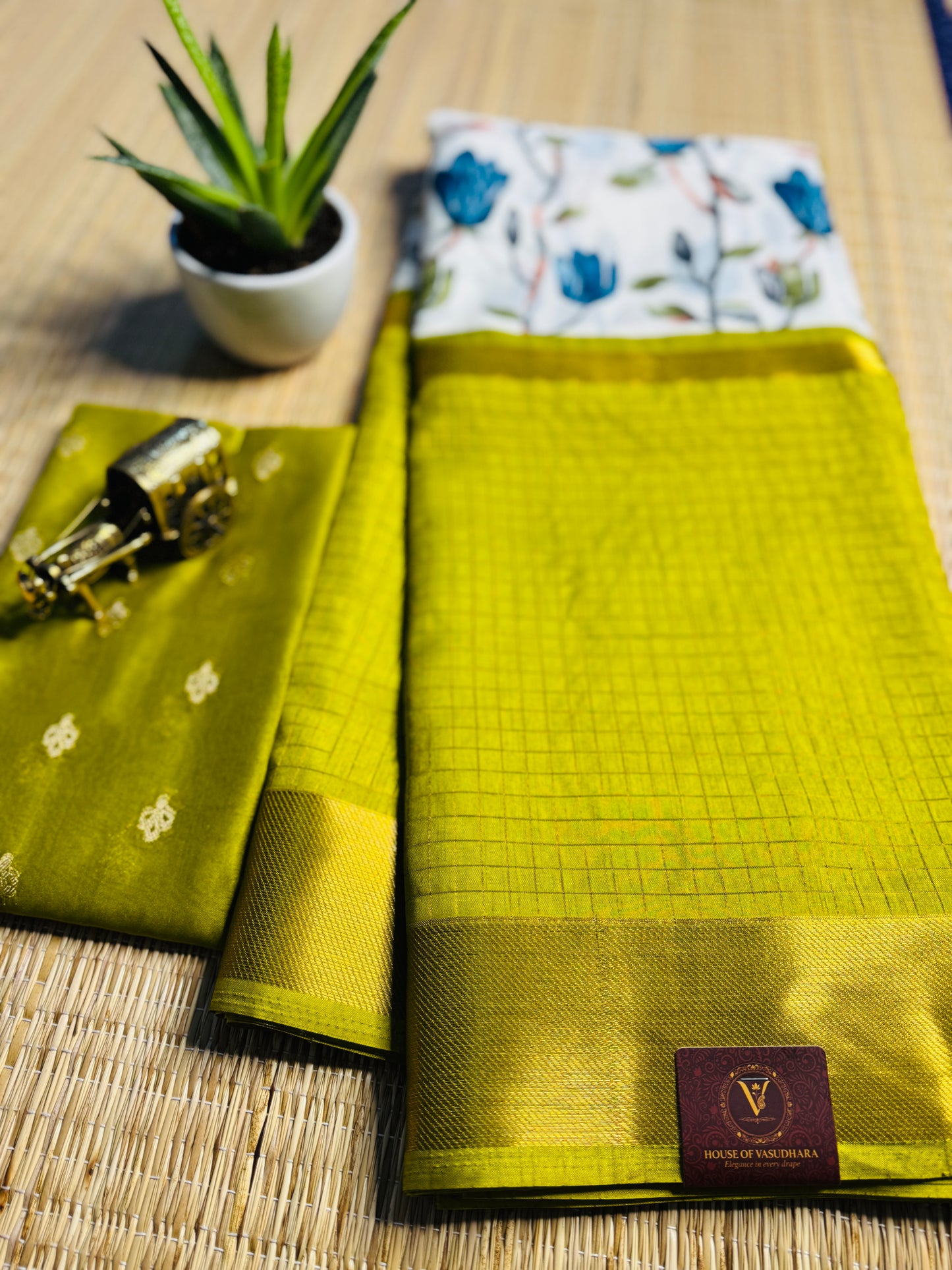 White and Mehandi green 2D Semi crepe silk in half and half pattern