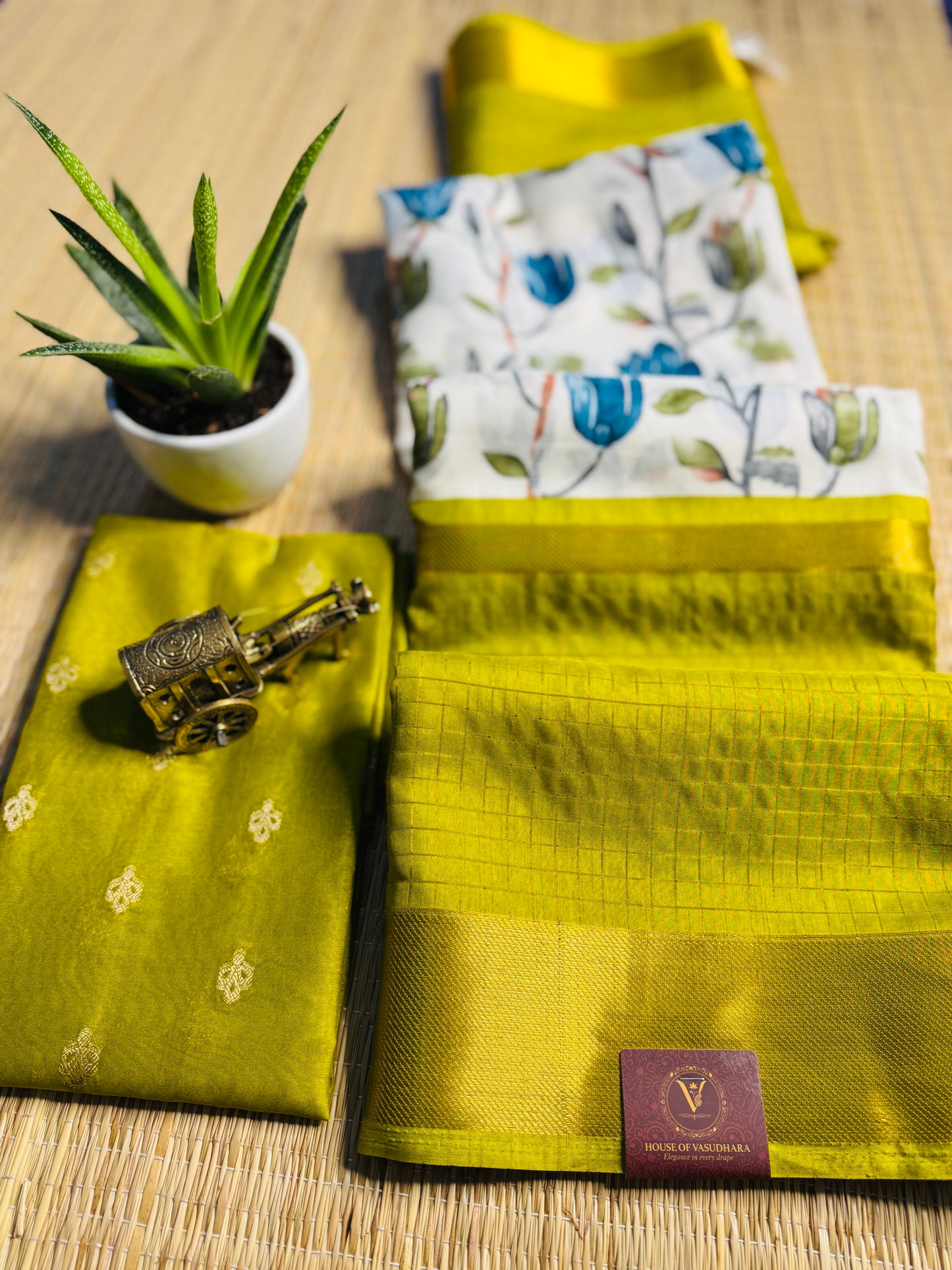 White and Mehandi green 2D Semi crepe silk in half and half pattern