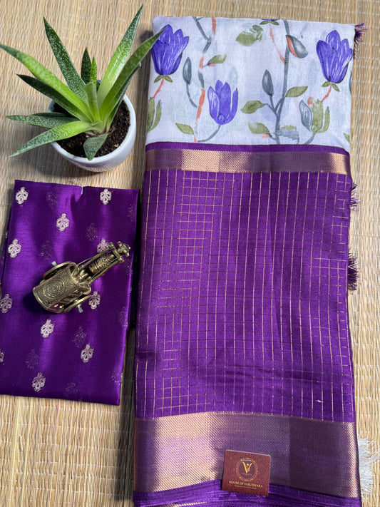 White and Purple 2D Semi crepe silk in half and half pattern