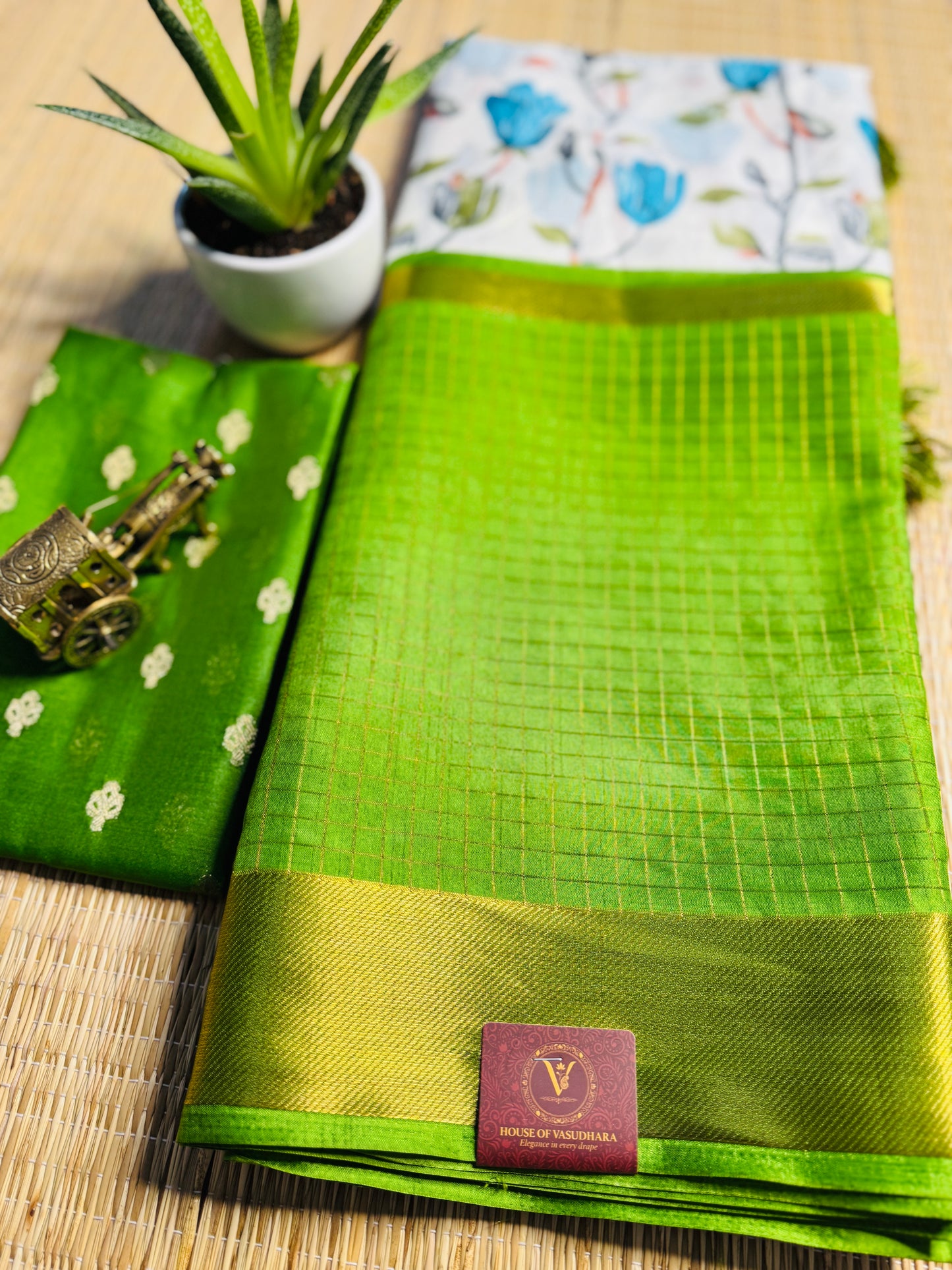 White and Green 2D Semi crepe silk in half and half pattern