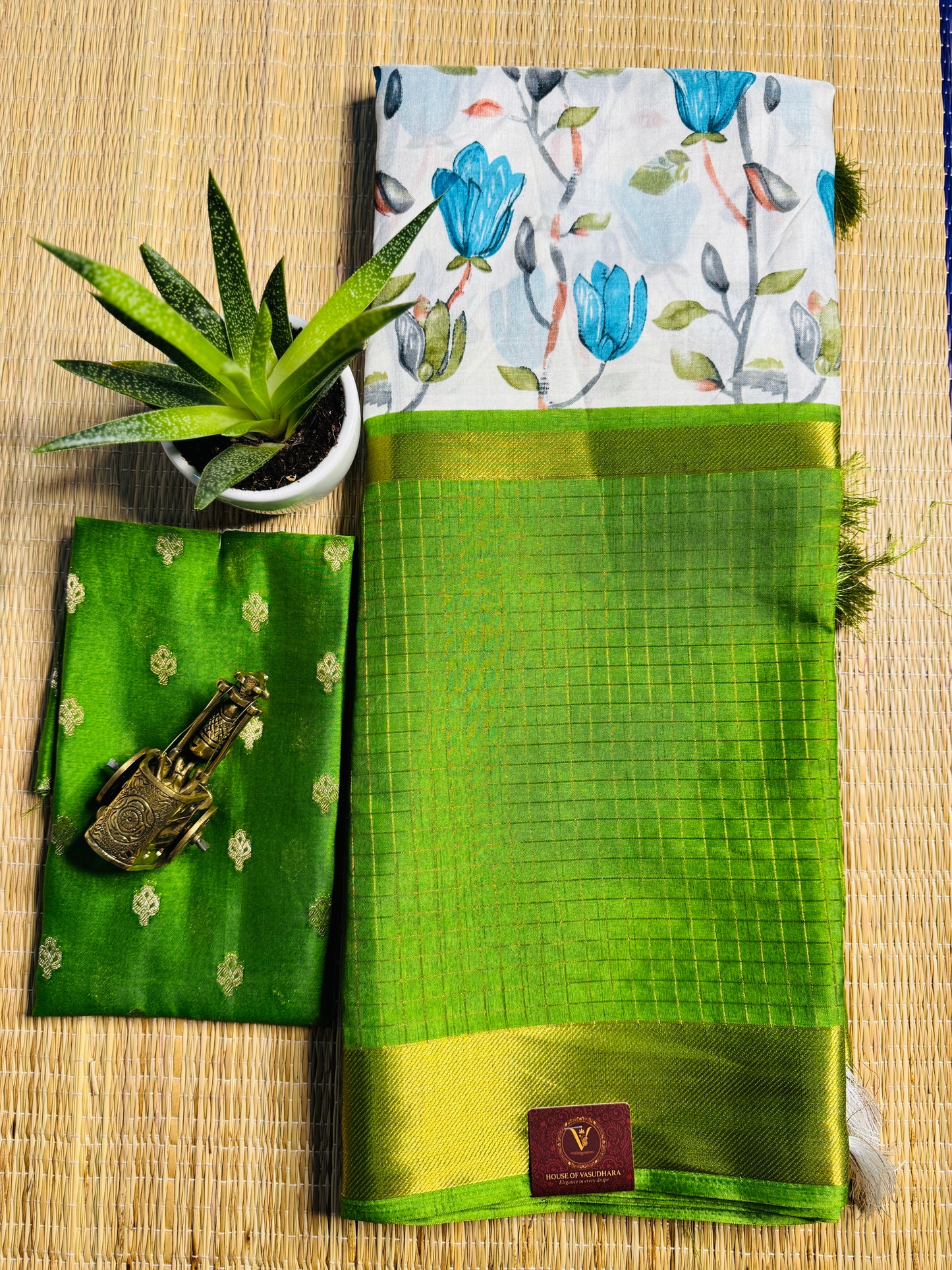 White and Green 2D Semi crepe silk in half and half pattern