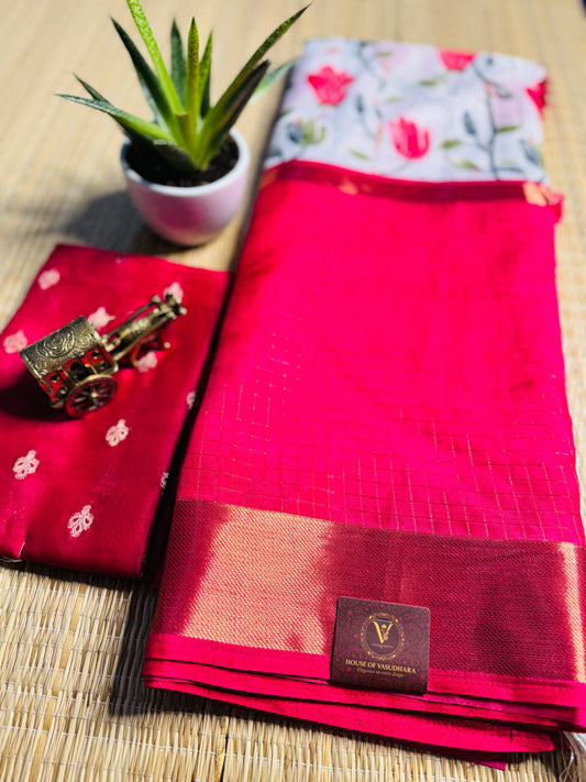 White and Rani pink 2D Semi crepe silk in half and half pattern