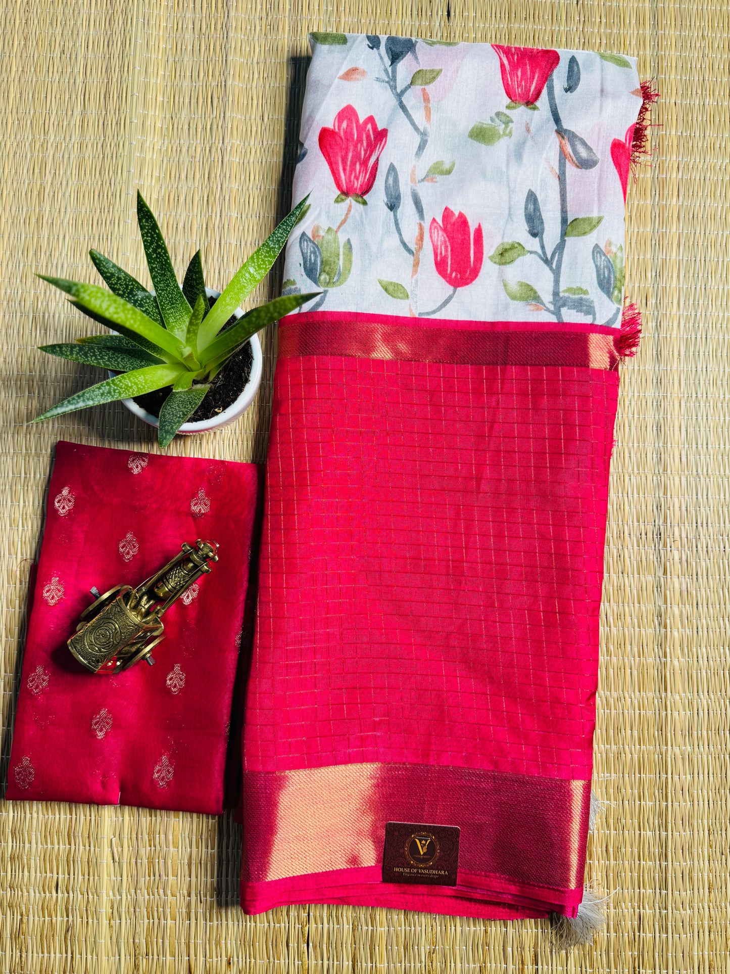 White and Rani pink 2D Semi crepe silk in half and half pattern