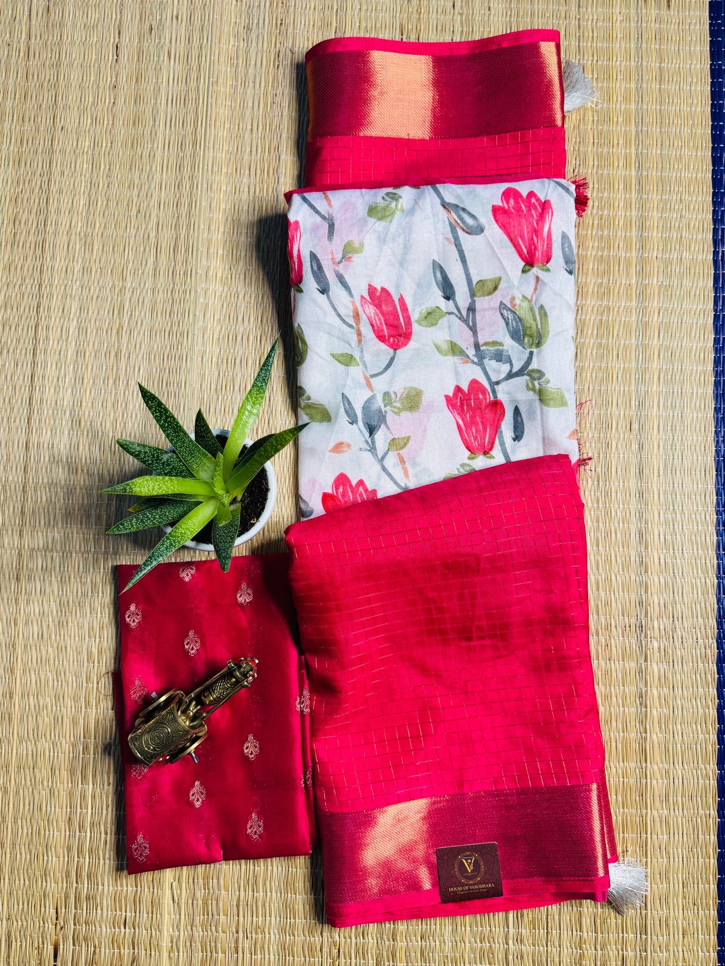 White and Rani pink 2D Semi crepe silk in half and half pattern