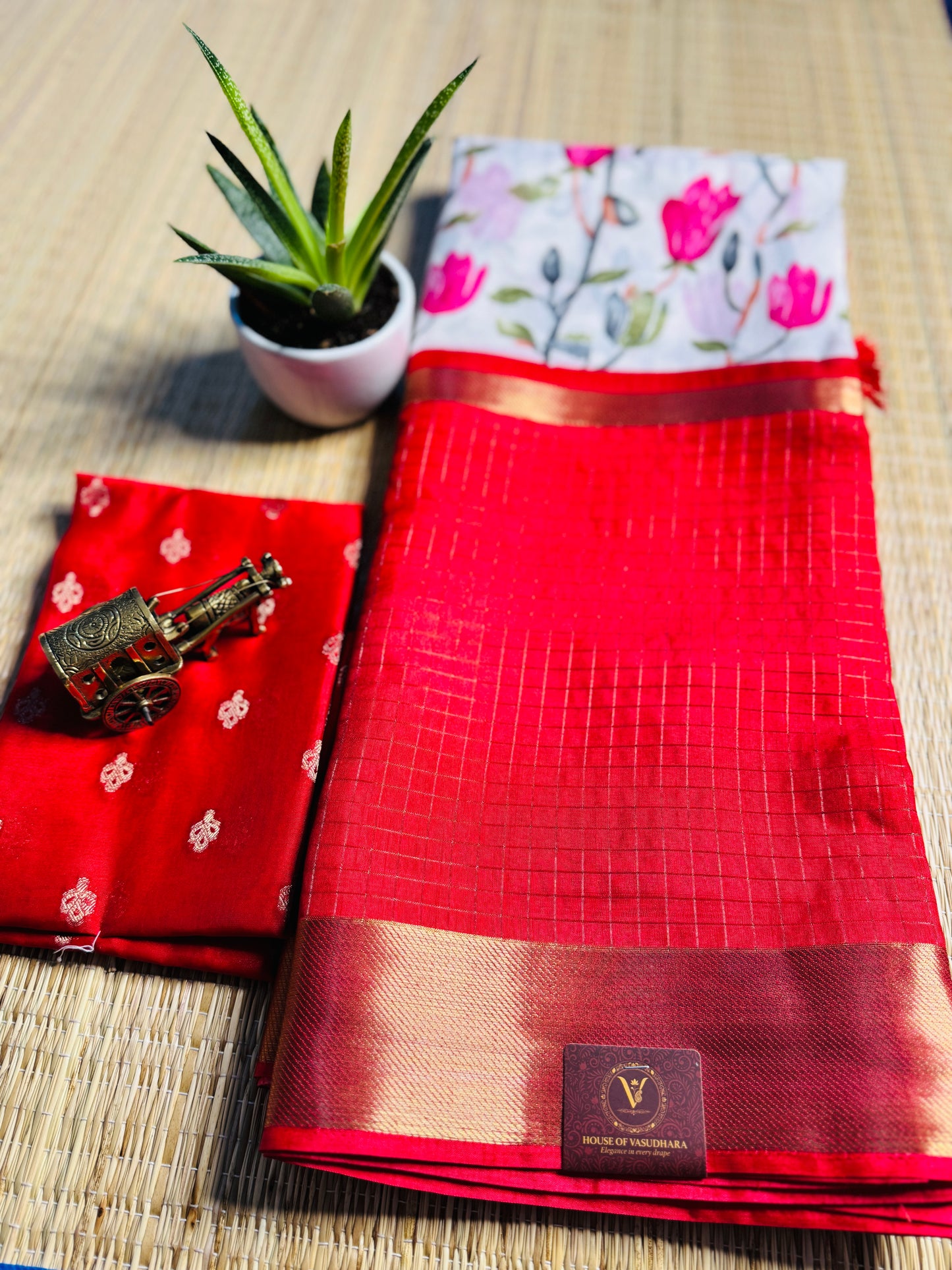 White and Red 2D Semi crepe silk in half and half pattern