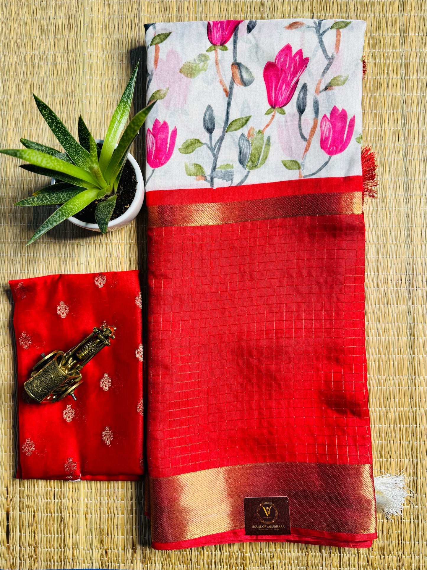 White and Red 2D Semi crepe silk in half and half pattern