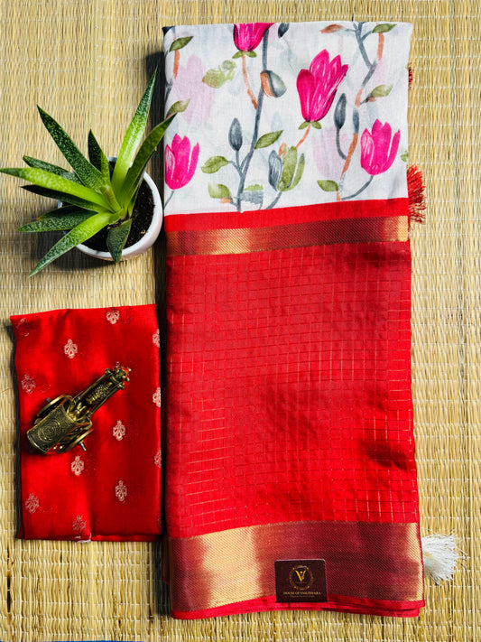 White and Red 2D Semi crepe silk in half and half pattern