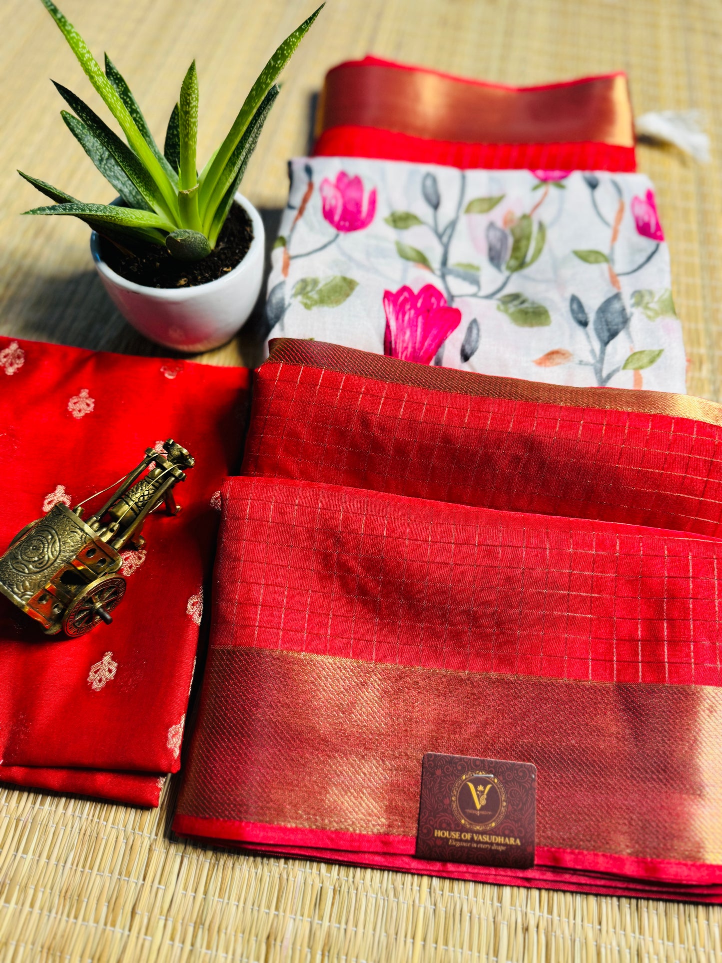 White and Red 2D Semi crepe silk in half and half pattern