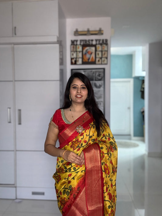 Yellow & Red Meena Silk Saree with Floral creepers