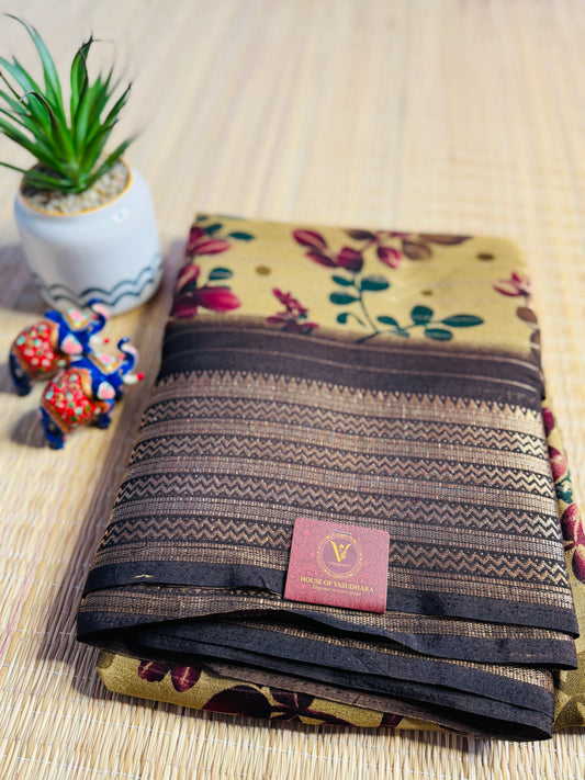 Beige & Brown Meena Silk Saree with Floral creepers