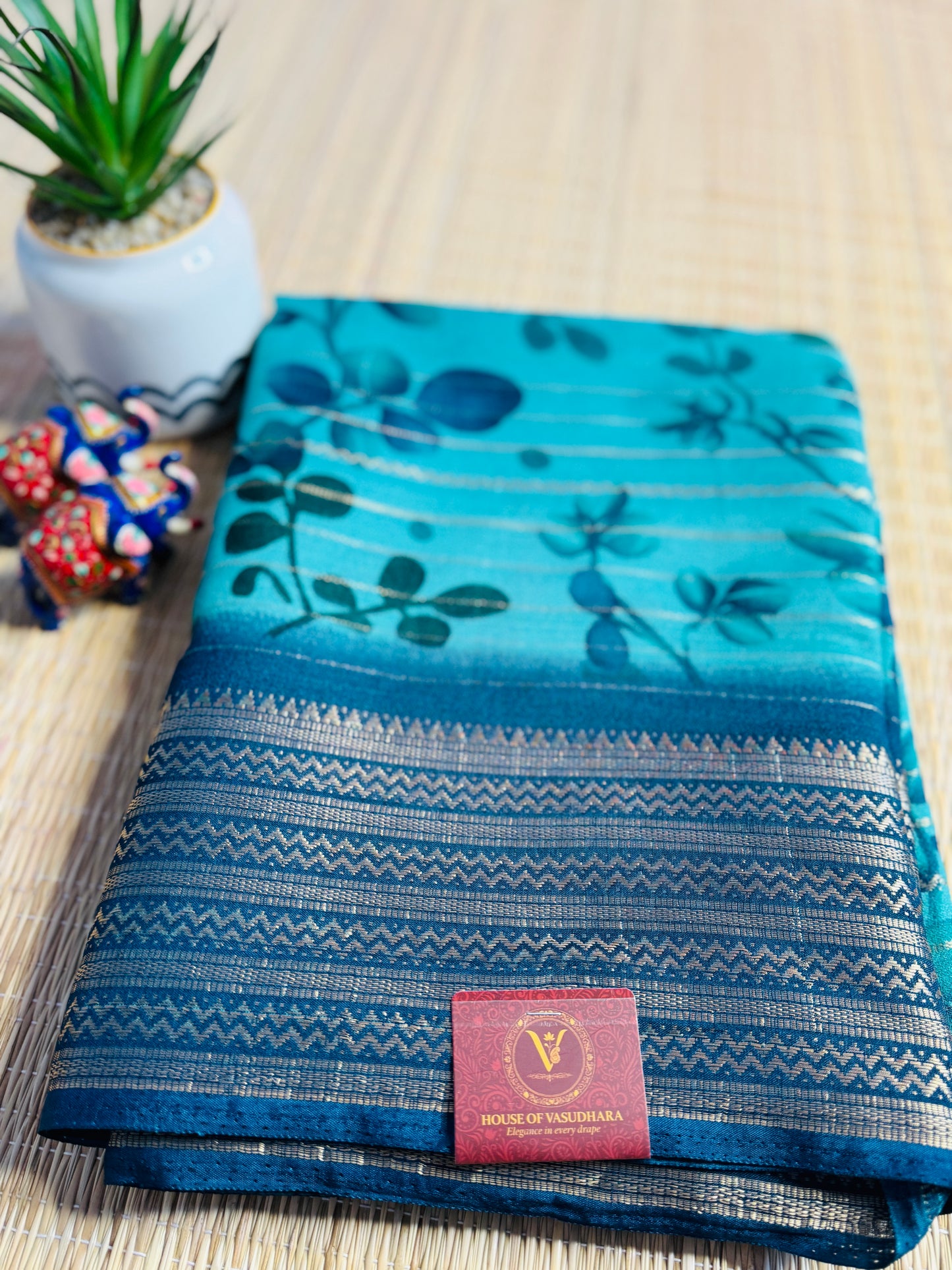 Blue Meena Silk Saree with Floral creepers