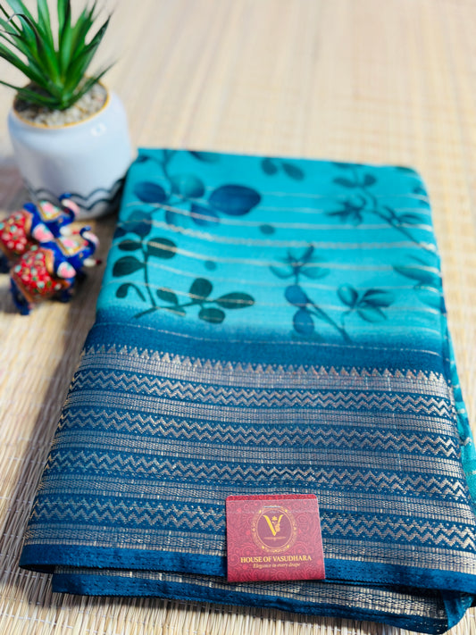 Blue Meena Silk Saree with Floral creepers