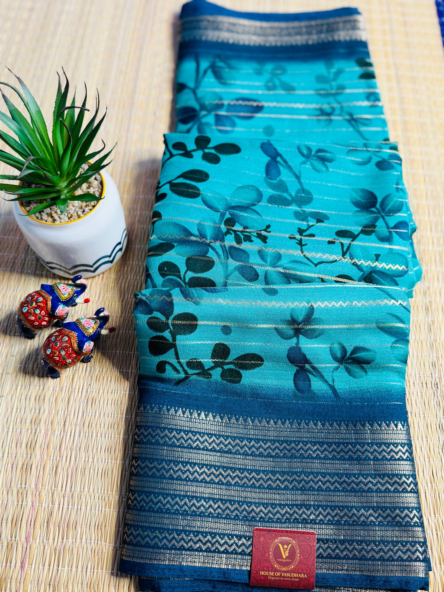 Blue Meena Silk Saree with Floral creepers