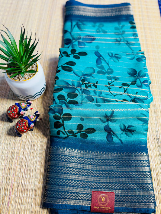Blue Meena Silk Saree with Floral creepers