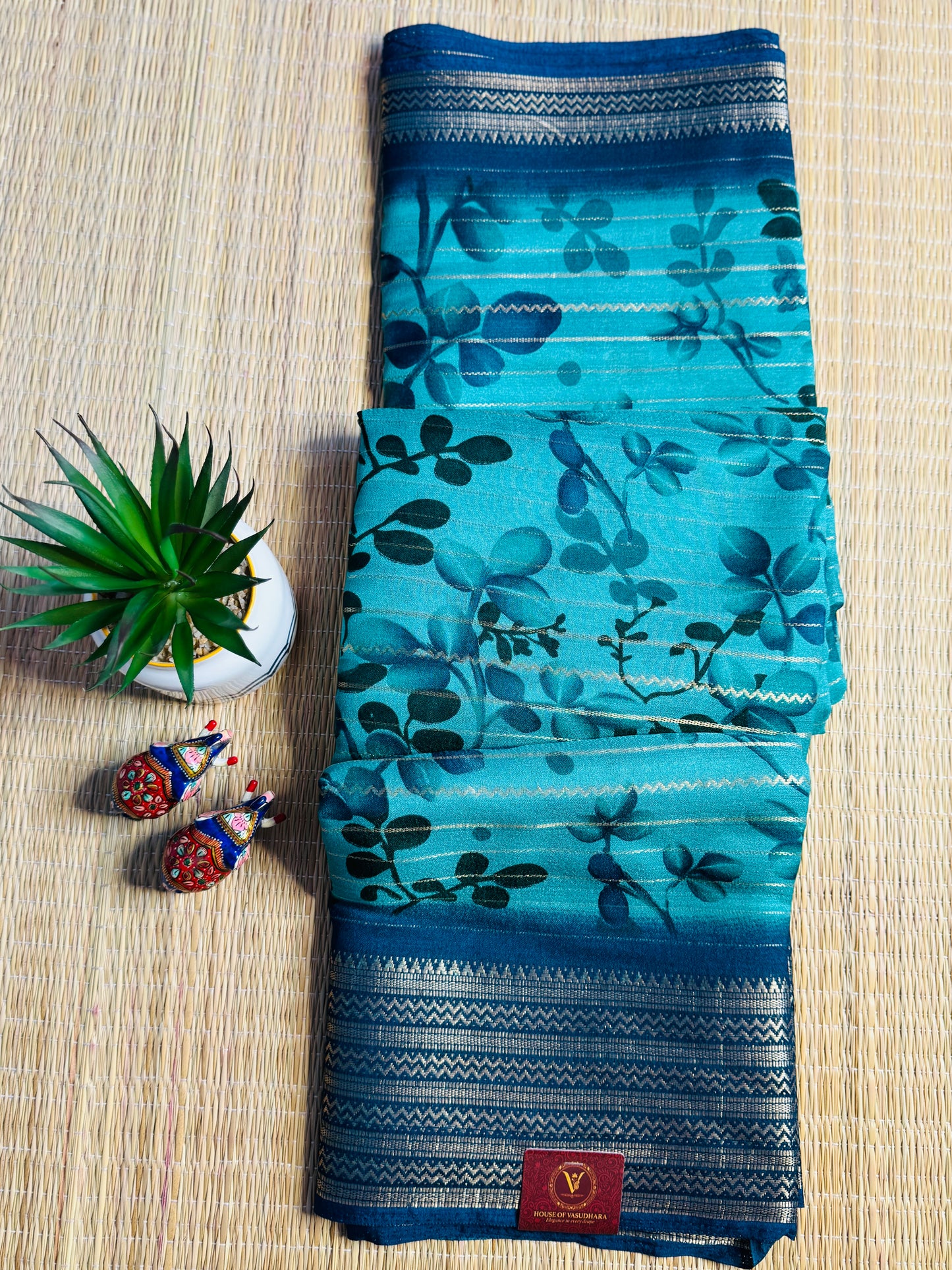 Blue Meena Silk Saree with Floral creepers