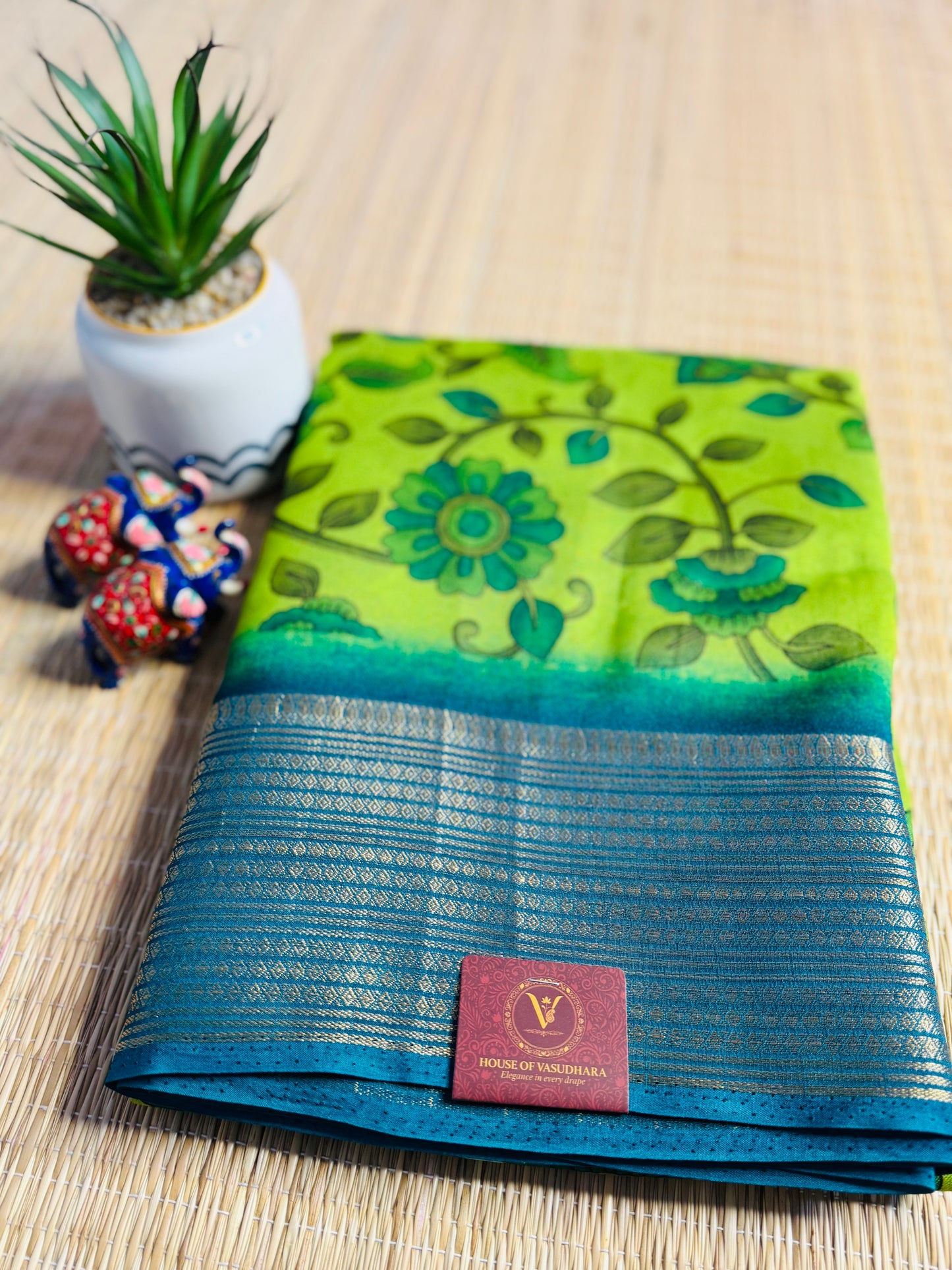 Green & Blue Meena Silk Saree with Floral creepers