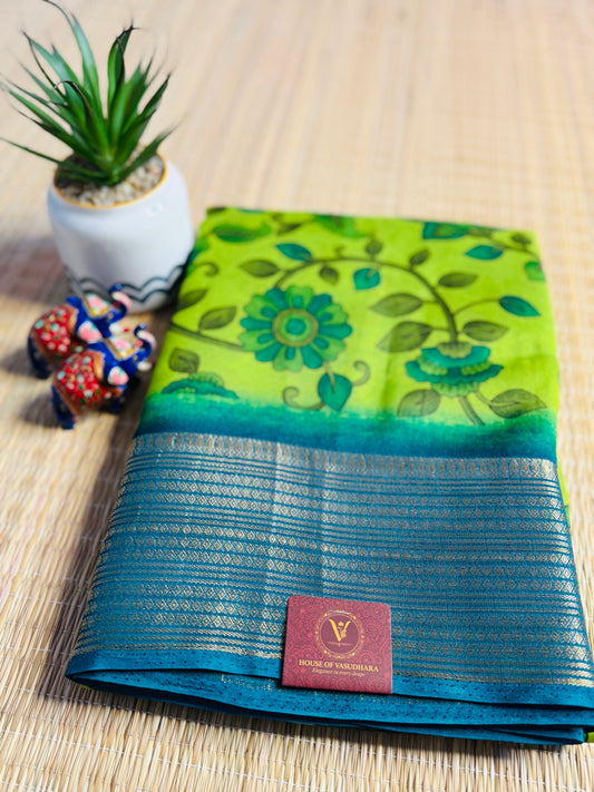 Green & Blue Meena Silk Saree with Floral creepers