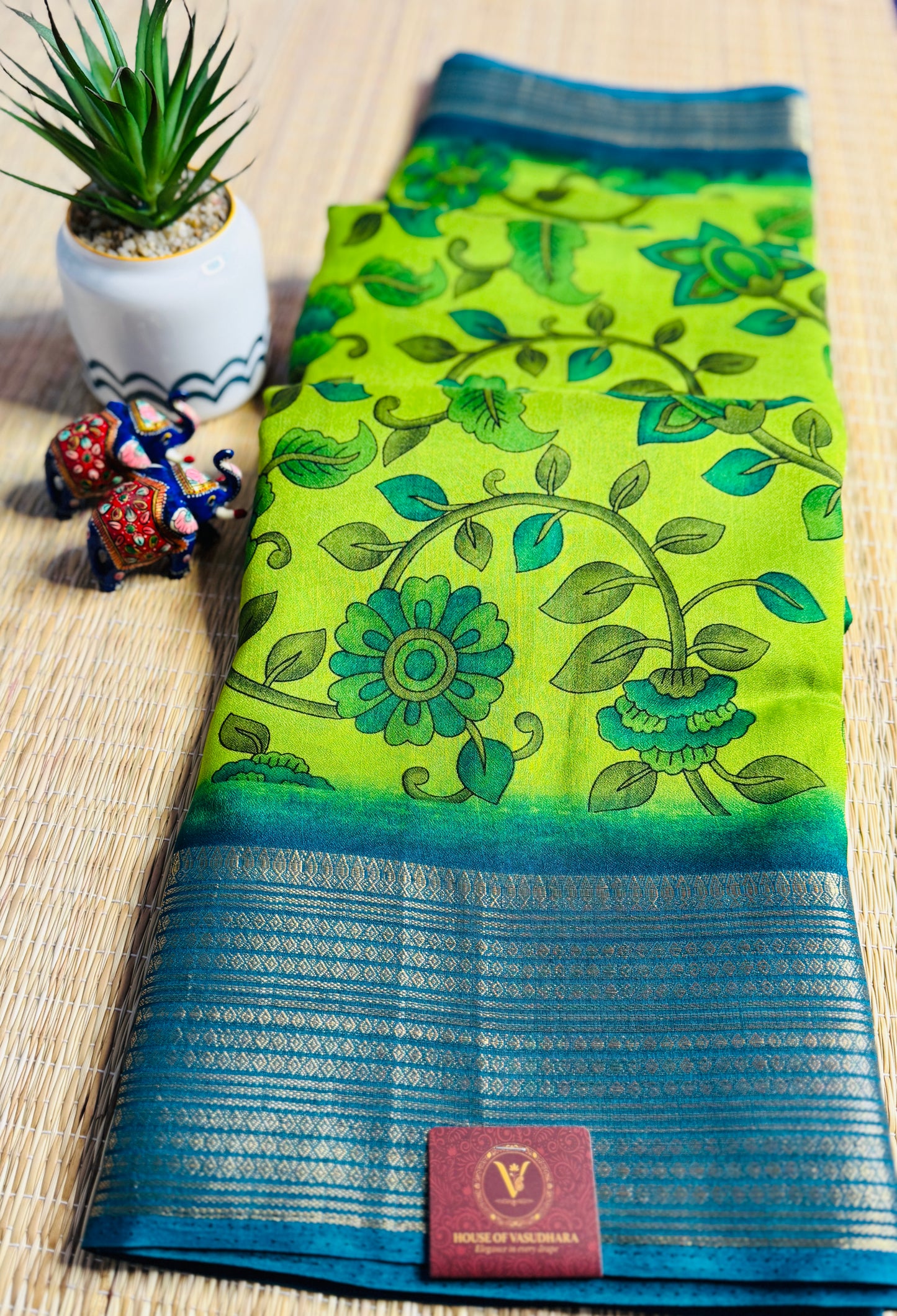 Green & Blue Meena Silk Saree with Floral creepers