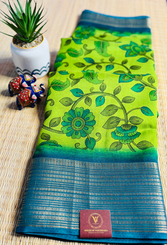 Green & Blue Meena Silk Saree with Floral creepers