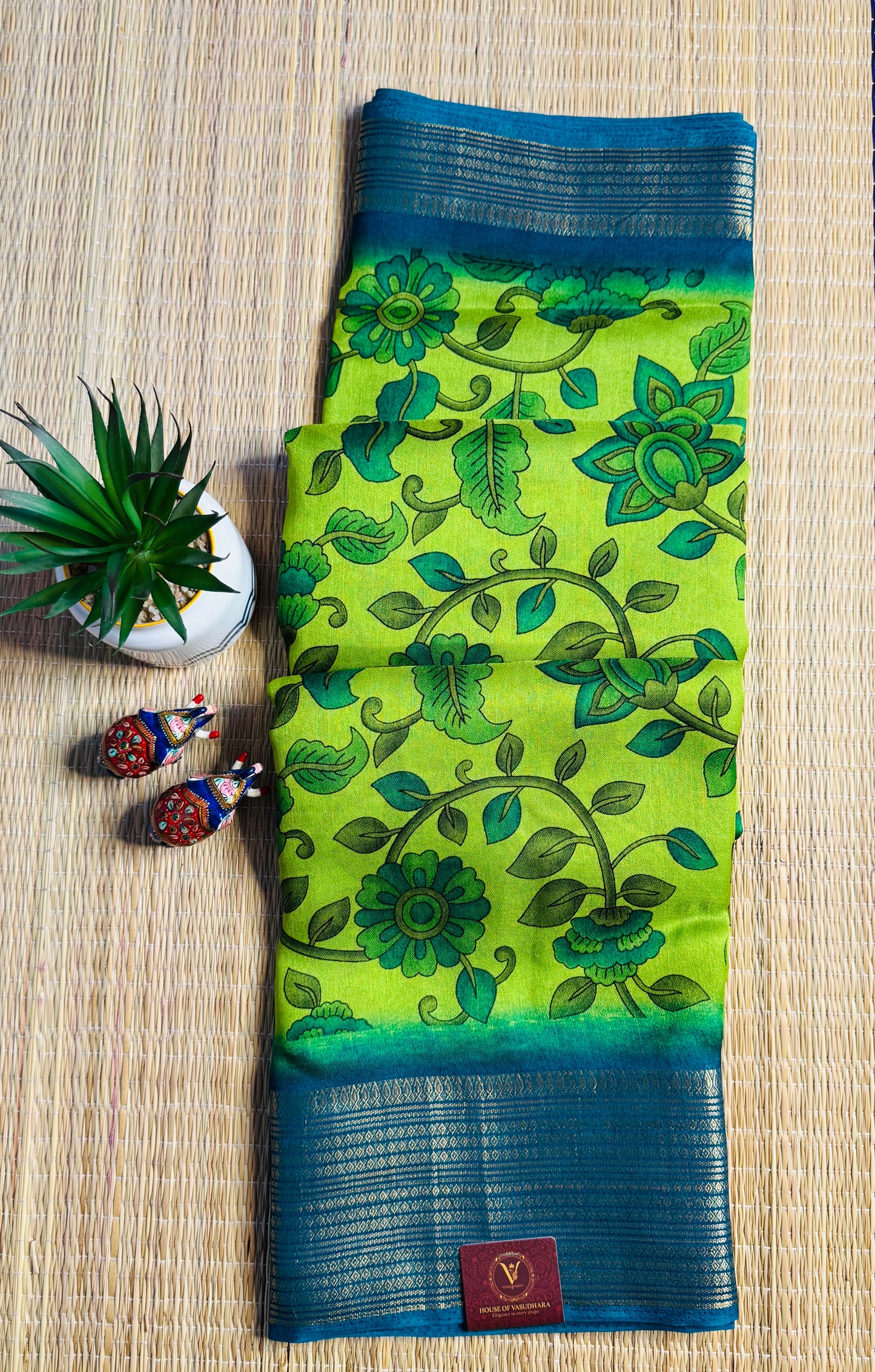 Green & Blue Meena Silk Saree with Floral creepers