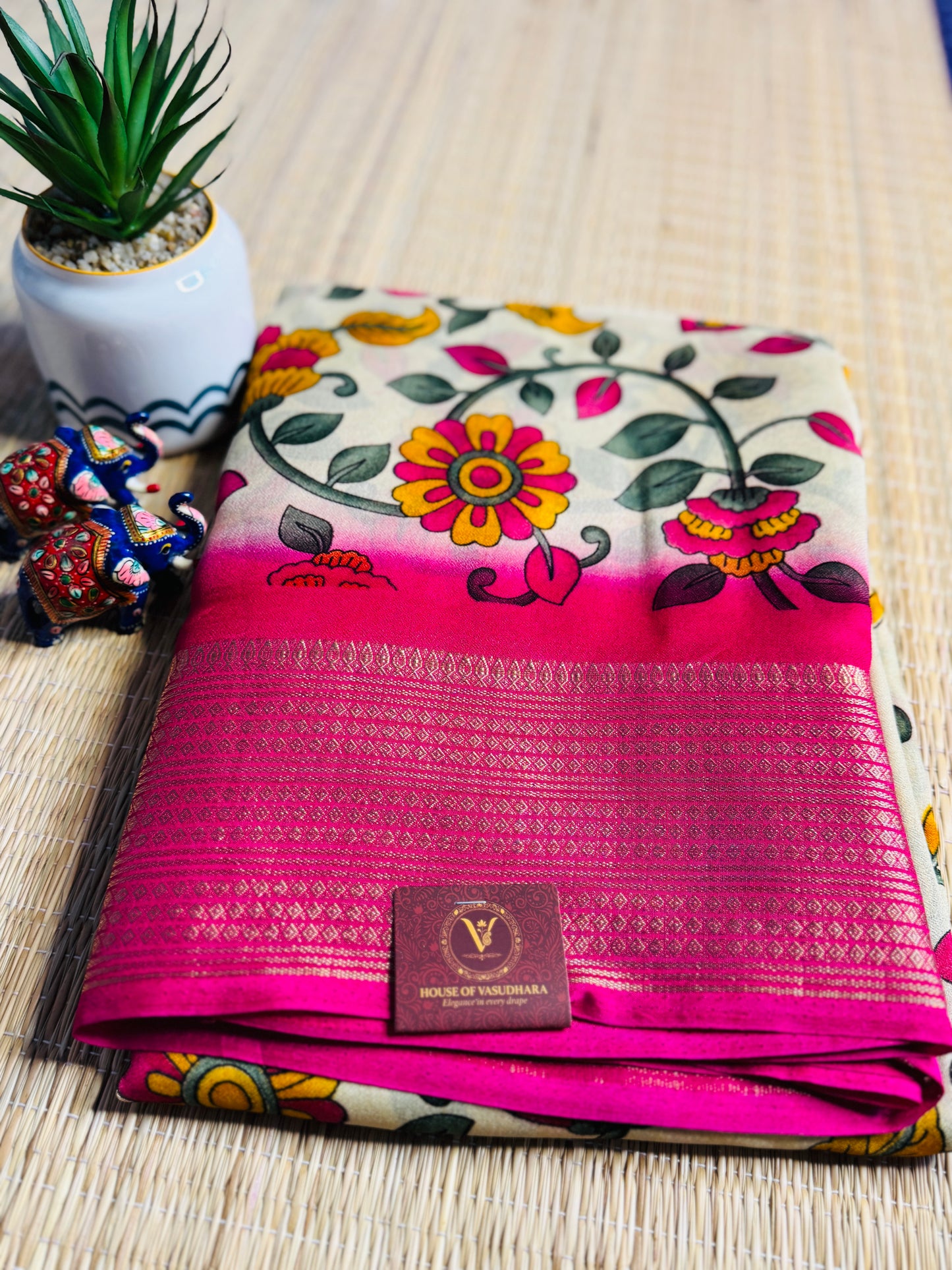 Off white & Pink Meena Silk Saree with Floral creepers