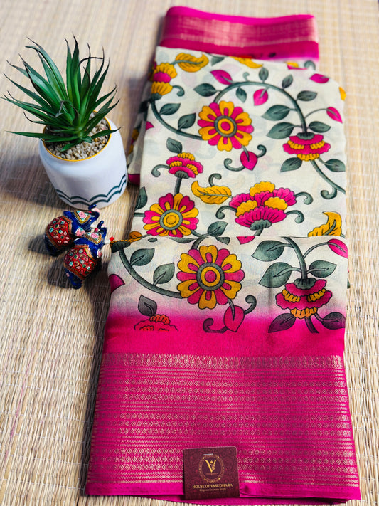 Off white & Pink Meena Silk Saree with Floral creepers