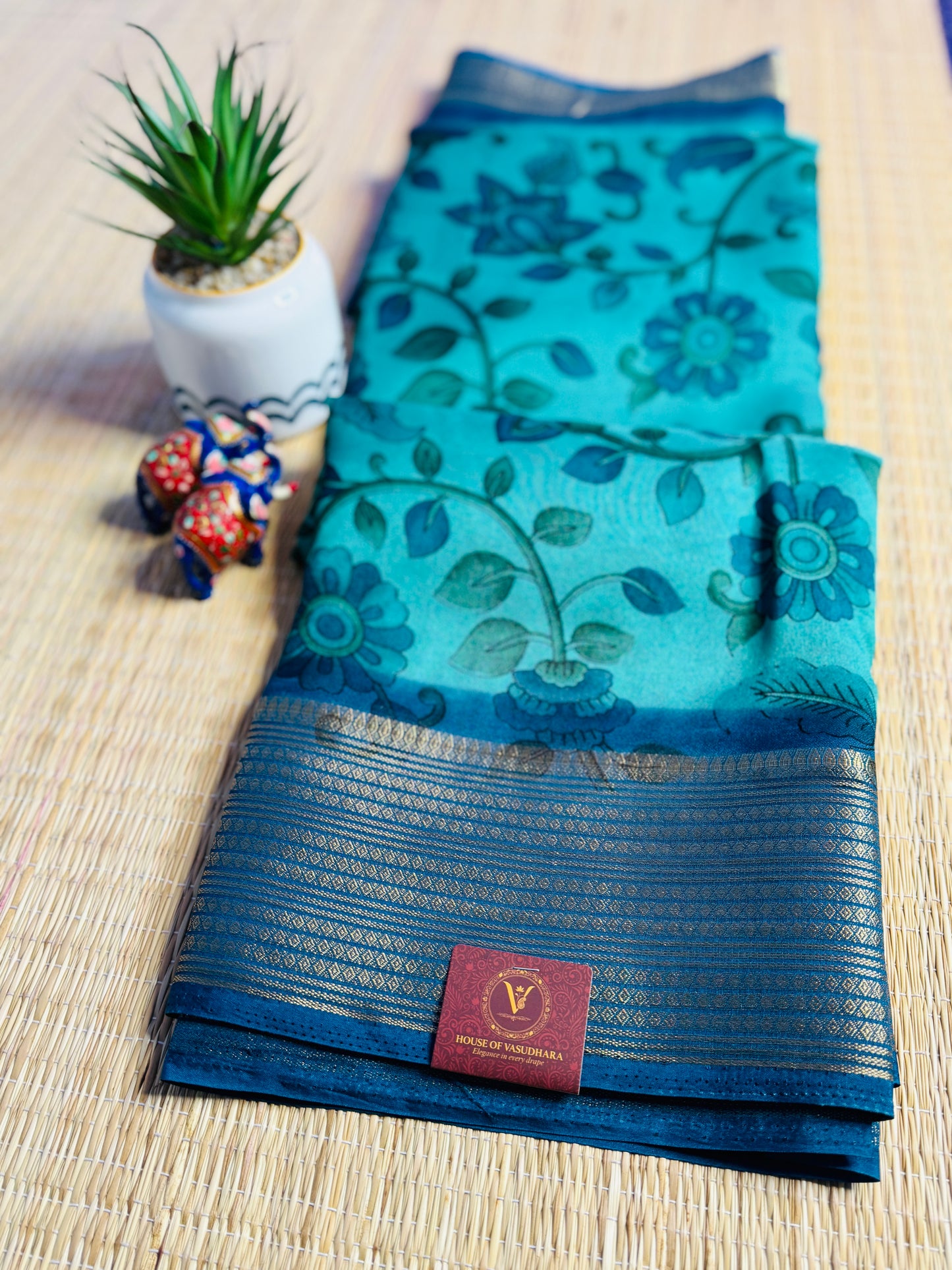 Sea green & Blue Meena Silk Saree with Floral creepers