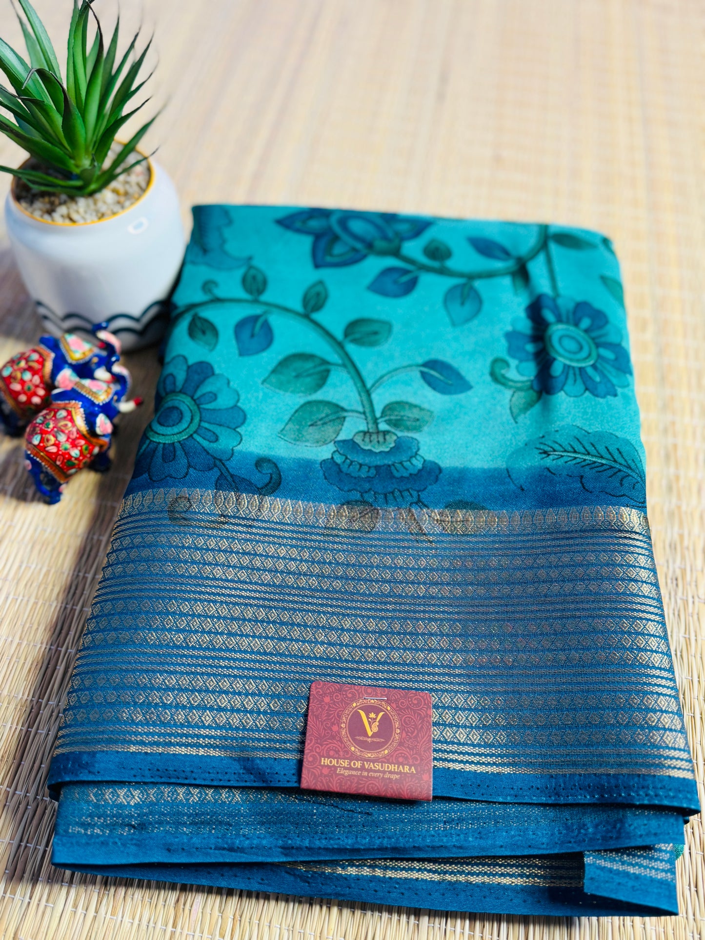 Sea green & Blue Meena Silk Saree with Floral creepers