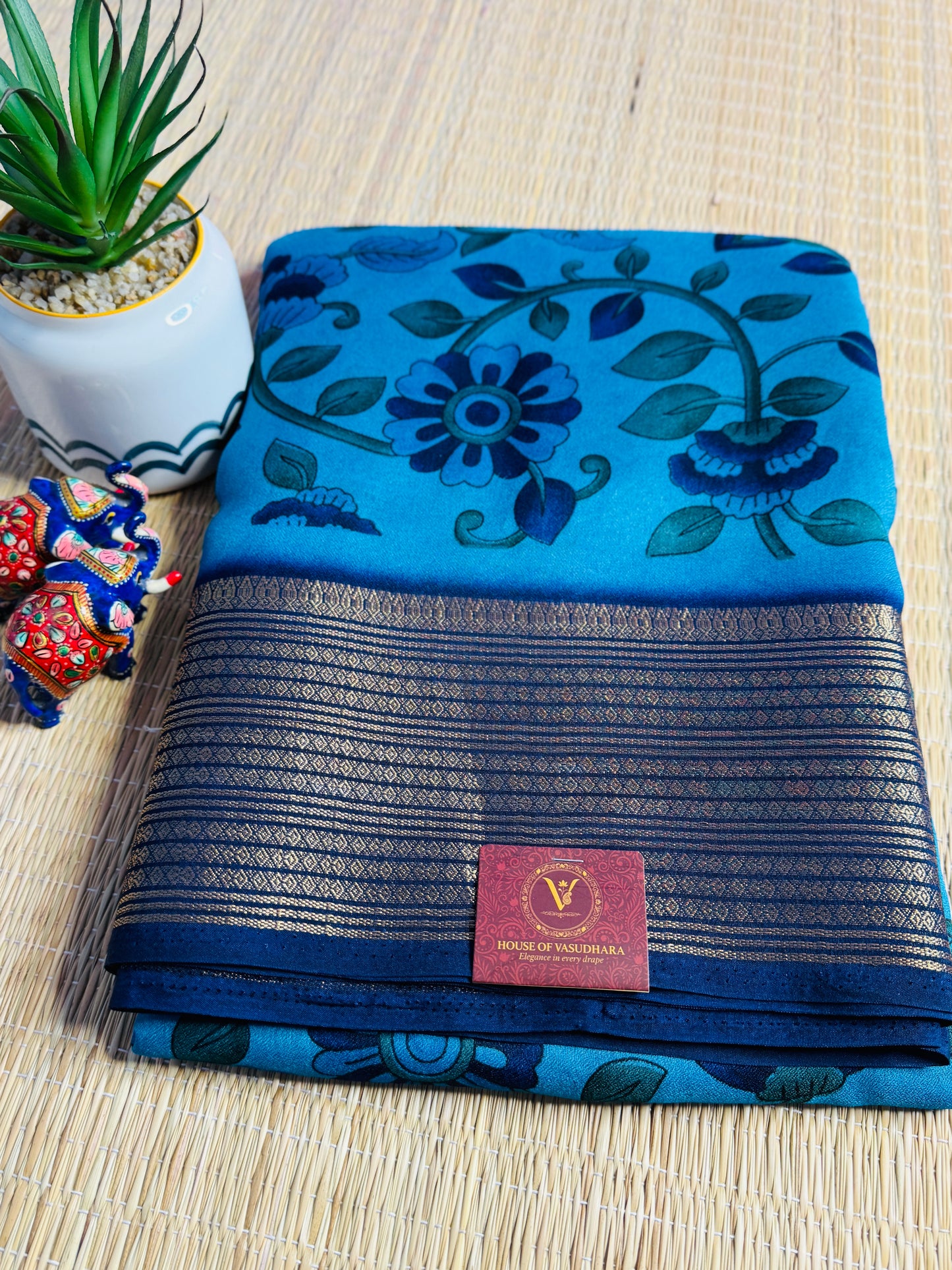 Blue & Navy blue Meena Silk Saree with Floral creepers
