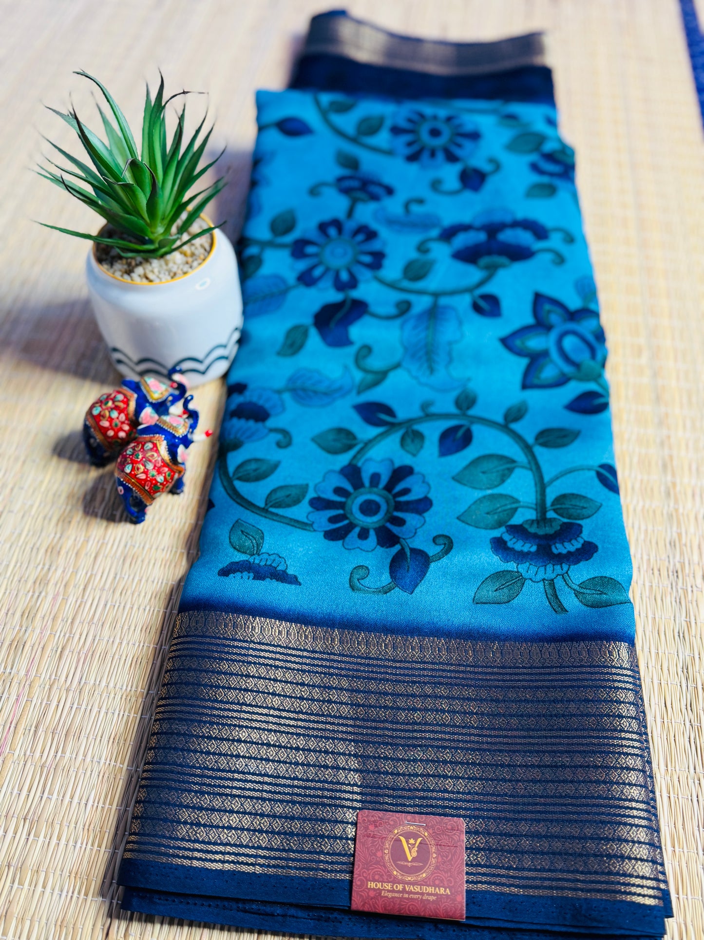 Blue & Navy blue Meena Silk Saree with Floral creepers