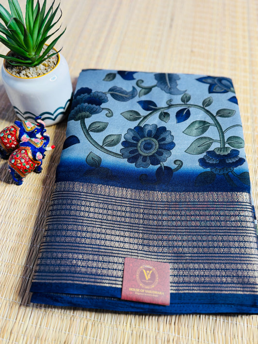 Light blue & Navy blue Meena Silk Saree with Floral creepers