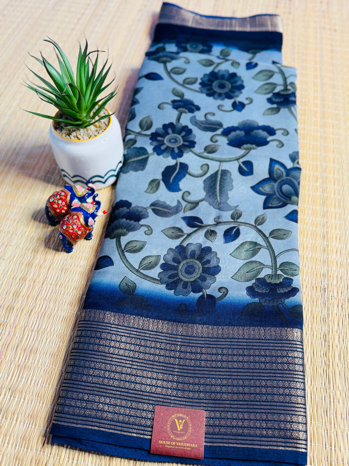 Light blue & Navy blue Meena Silk Saree with Floral creepers